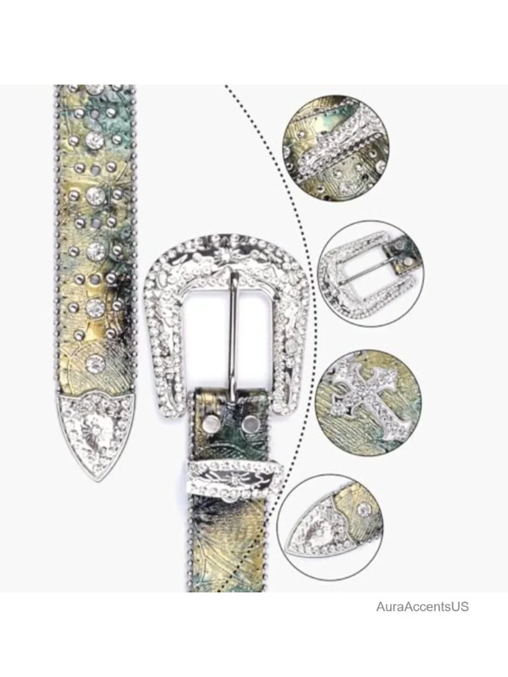 Rhinestone Western Cowboy Belt with Bling Cross Design for Jeans
